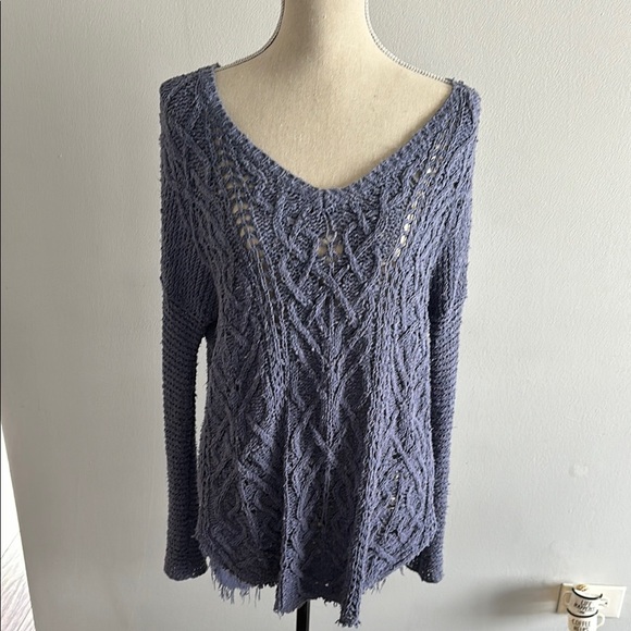 Free People V-Neck Blue Sweater with Cable Knit - Picture 1 of 3